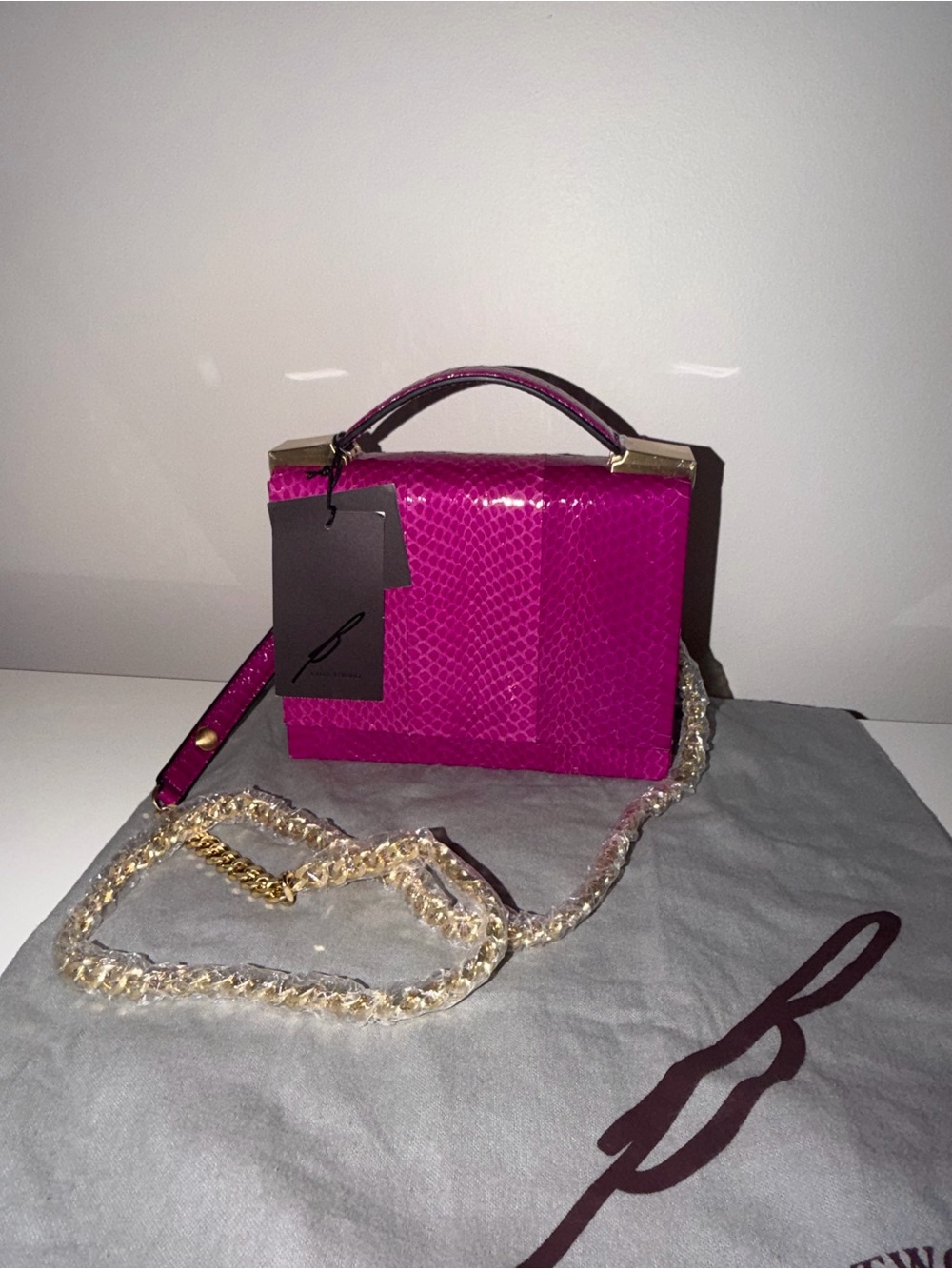 Brian Atwood Aston Fuchsia Pink Snakeskin Chain Crossbody Clutch Handbag